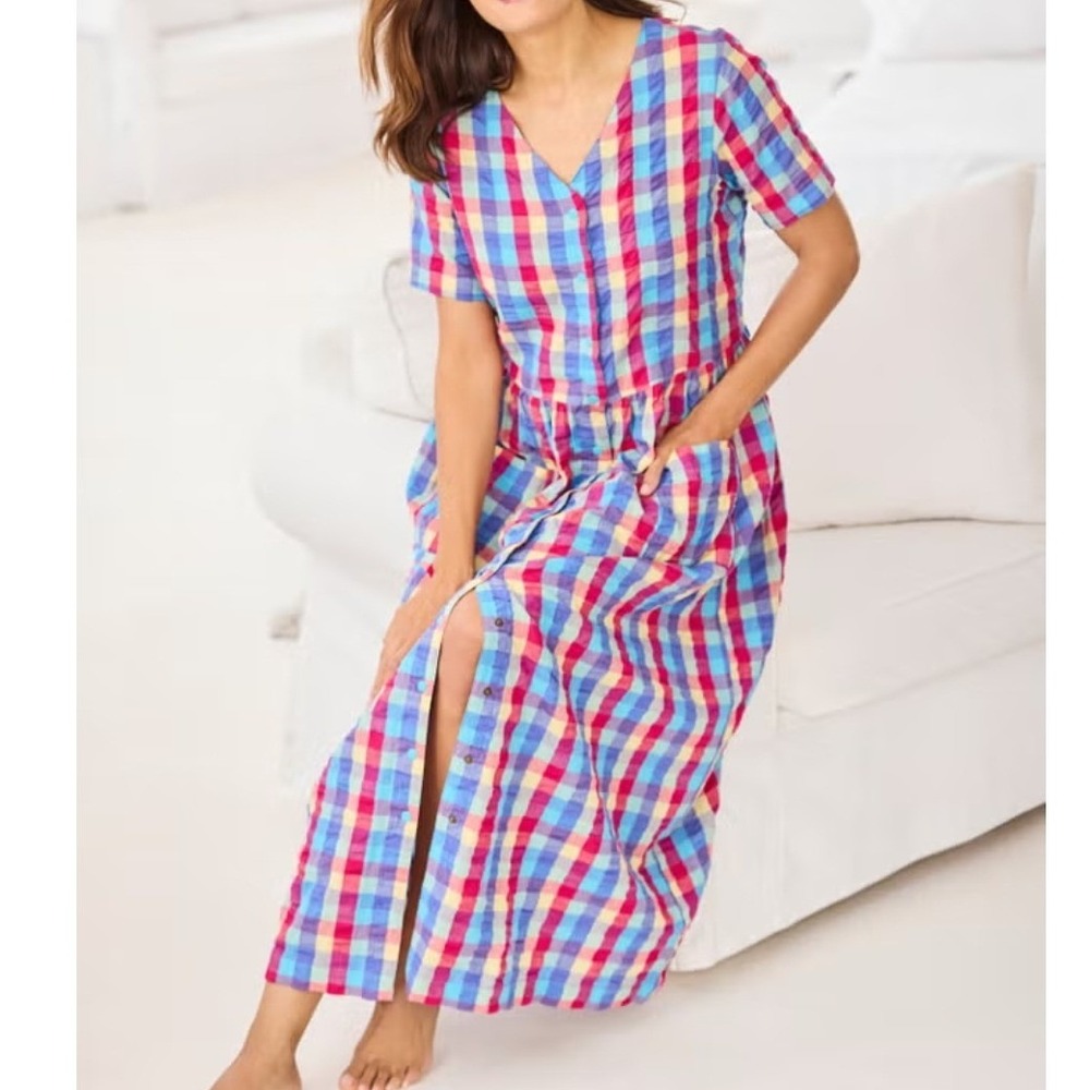 Dreams & Co Plaid Lounger Dress Multicolor Cotton Snap Button Front Maxi Size M